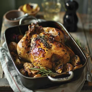 Traditional Roast Chicken in a roasting tin