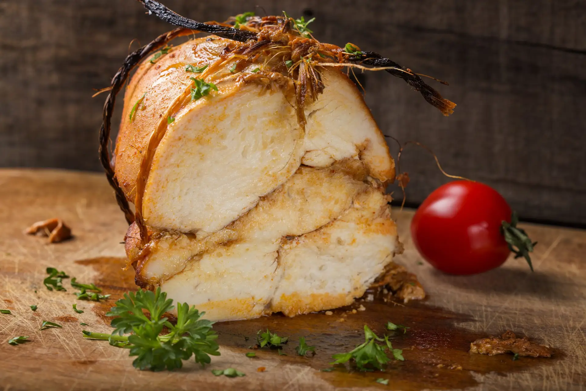 Juicy turkey crown in a smoker with beech wood