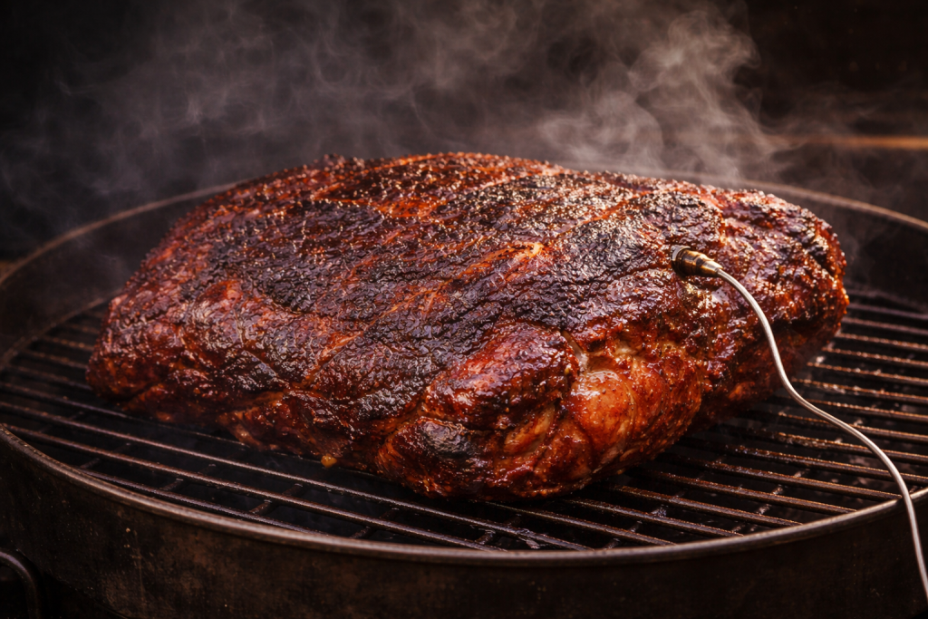 How long does pork shoulder take to smoke per kg?