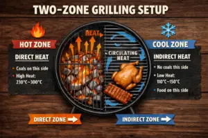 Illustrated charcoal grill showing two-zone BBQ setup with hot direct heat coals on one side and cool indirect heat zone on the other for oven-style cooking.