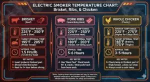 Electric smoker temperature chart showing best smoking temperatures for brisket, ribs and chicken.