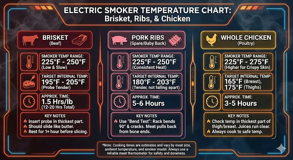Electric smoker temperature chart showing best smoking temperatures for brisket, ribs and chicken.