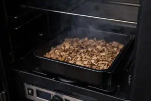 Wood chip tray inside an electric smoker showing dry chips before ignition
