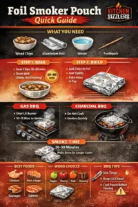 Infographic showing how to make a foil smoker pouch for gas or charcoal BBQ, including soaking wood chips, building the foil packet, and smoke timing guide.
