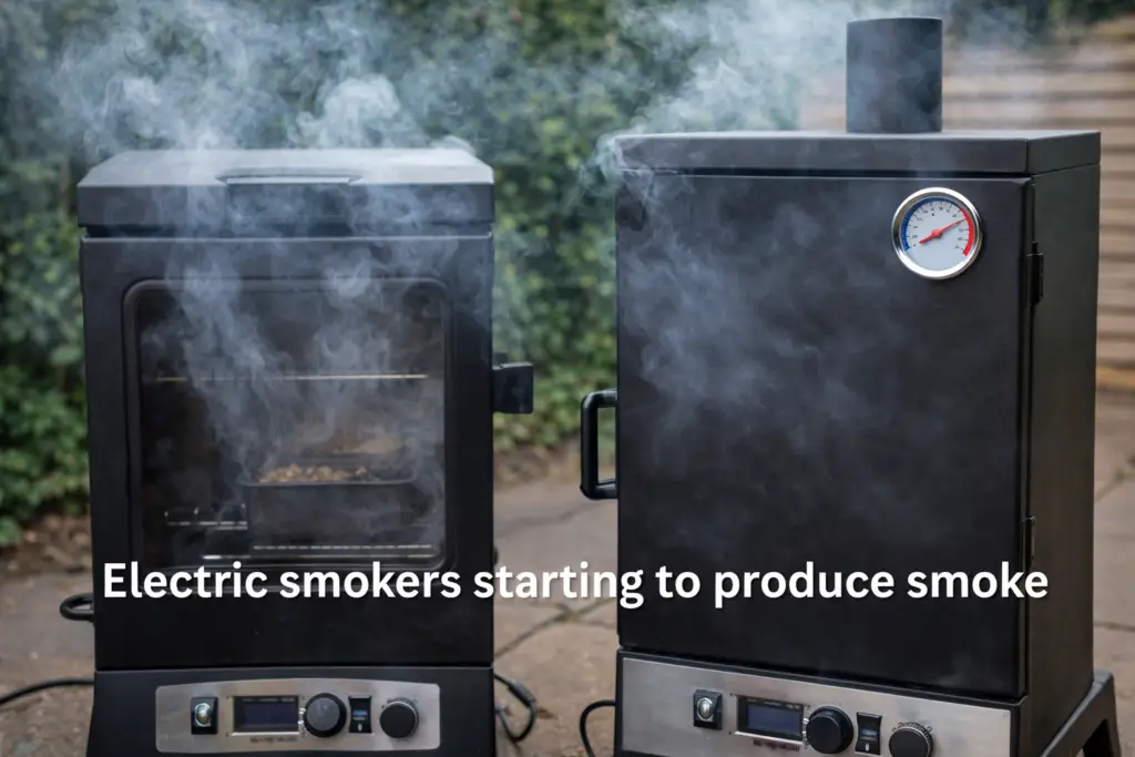 Two electric smokers warming up outside and starting to produce visible smoke