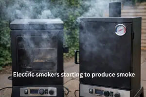 Two electric smokers warming up outside and starting to produce visible smoke