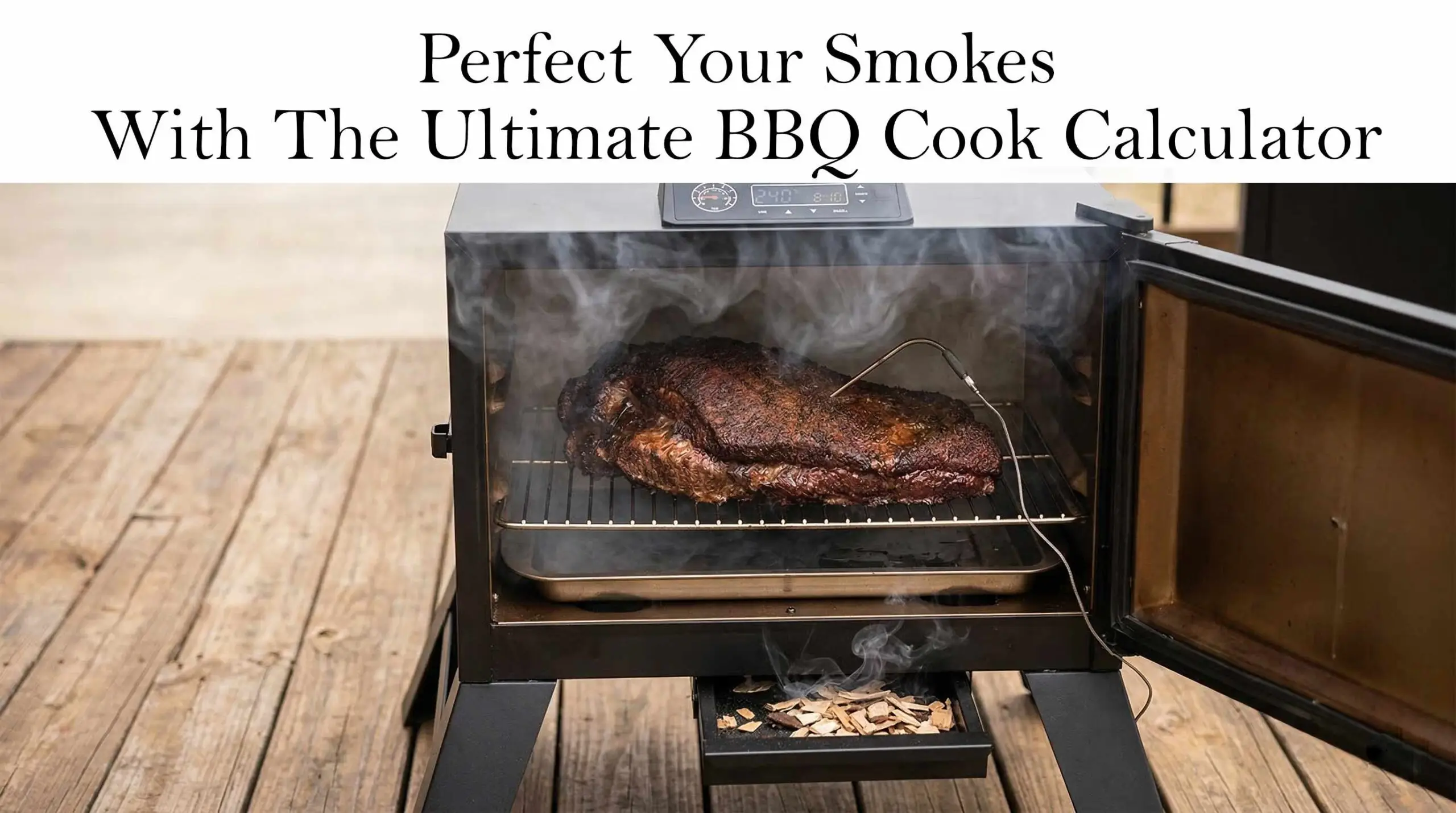 Advanced BBQ party planner and meat smoking time calculator interface showing brisket in an electric smoker