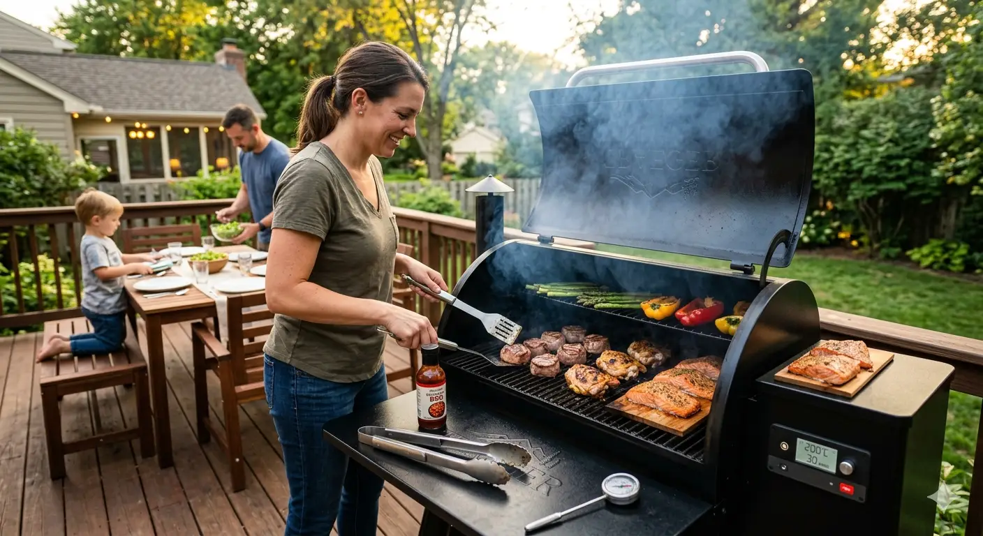 A platter of smoked pork tenderloin and cedar plank salmon cooked on a backyard grill.