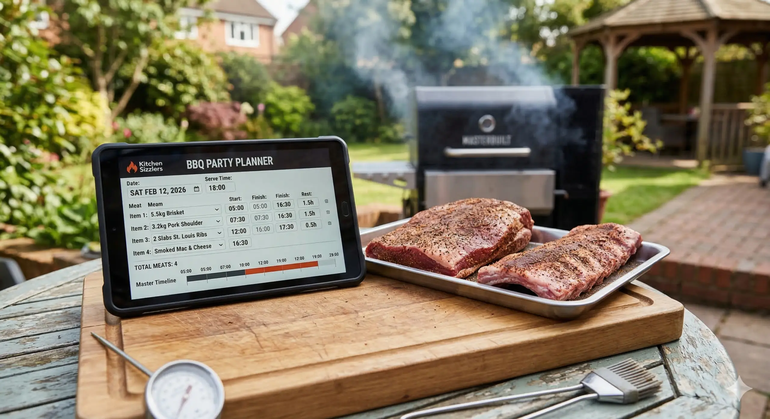 A tablet propped up in a UK garden displaying the Kitchen Sizzlers BBQ Party Planner tool interface. The screen lists multiple meats (Brisket, Pork Shoulder, Ribs) and sides, showing a reverse-engineered schedule with specific start times. A Masterbuilt electric smoker is subtly smoking in the background