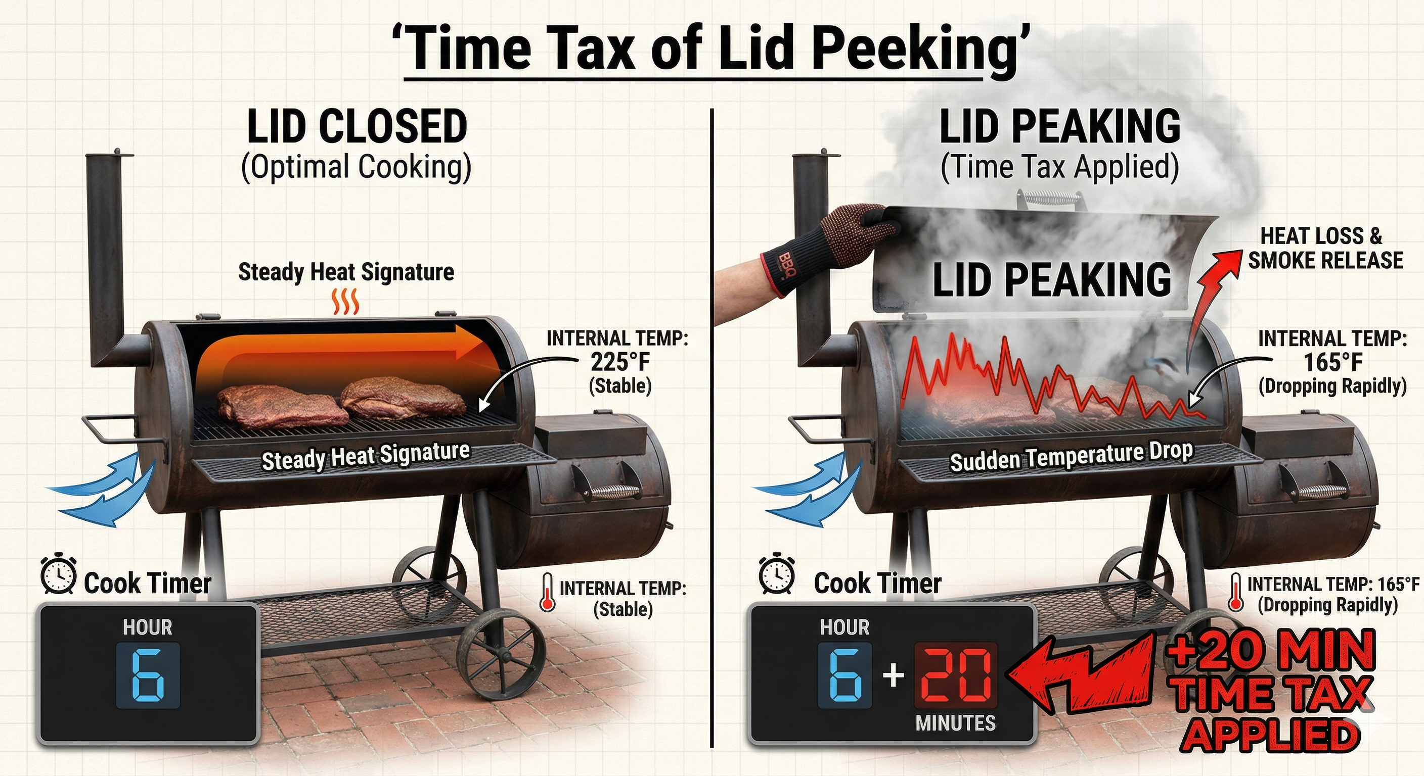 BBQ Smoking Times Internal temperature vs cooking time graph for smoked beef," "Pitmaster checking pork shoulder with digital probe