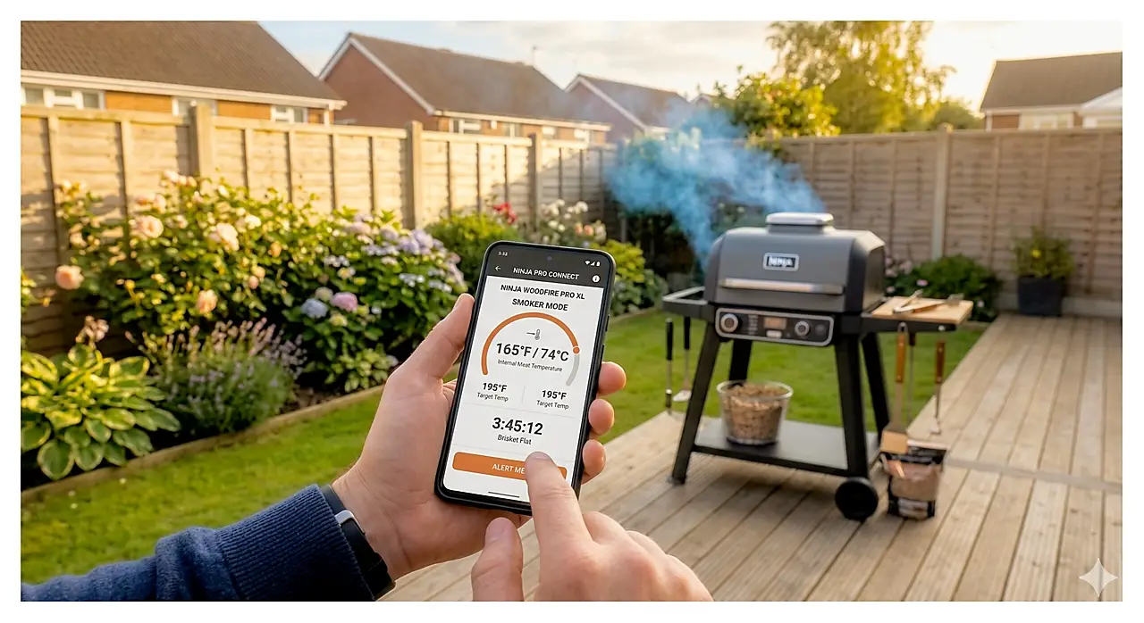 Ninja Woodfire Pro Connect XL with smoked ribs on a patio table