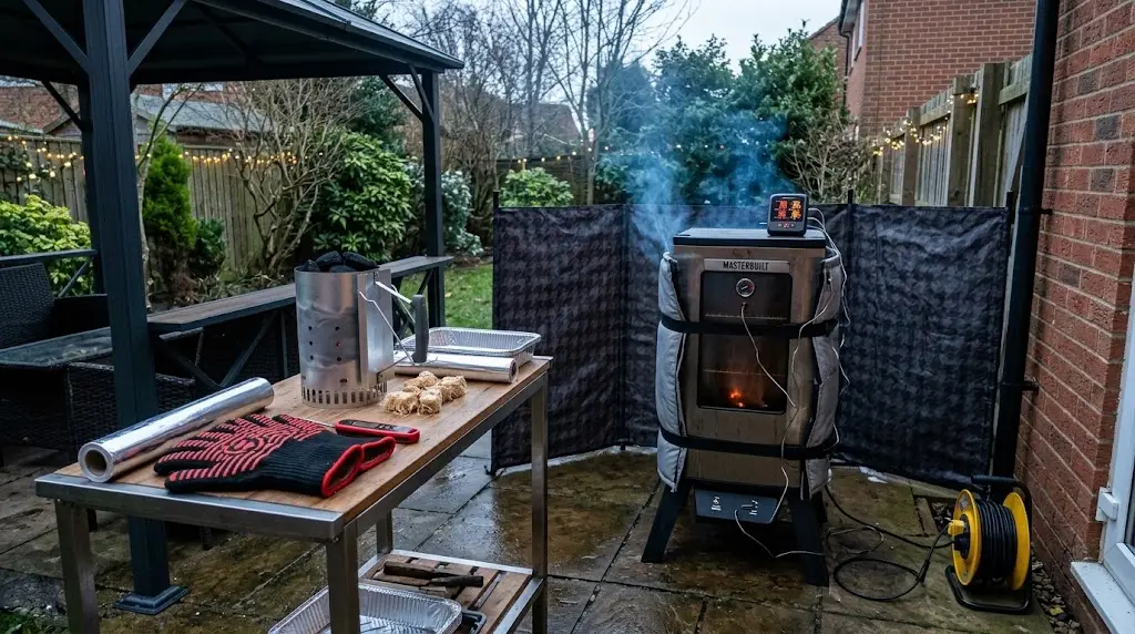 Winter BBQ gear setup in a UK garden featuring an insulated Masterbuilt smoker, windbreak, wireless meat thermometer, chimney starter, and heat-resistant gloves