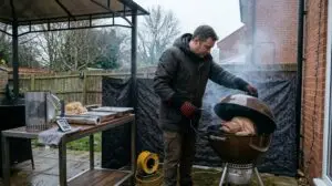 Winter BBQ tips for UK gardens showing a pitmaster checking a Christmas turkey on a kettle grill behind a windbreak